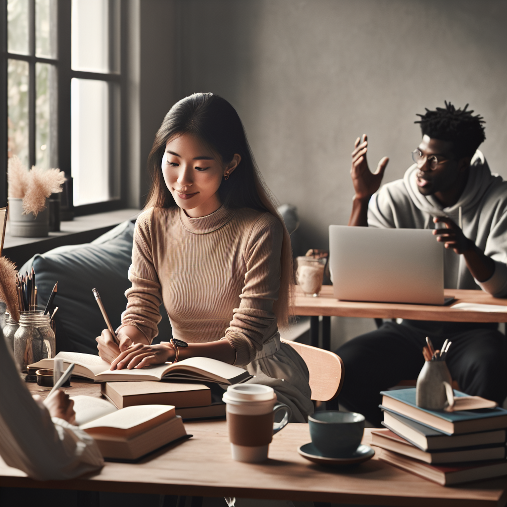 Improve Creative Writing: A thoughtful writer surrounded by ideas and inspiration.