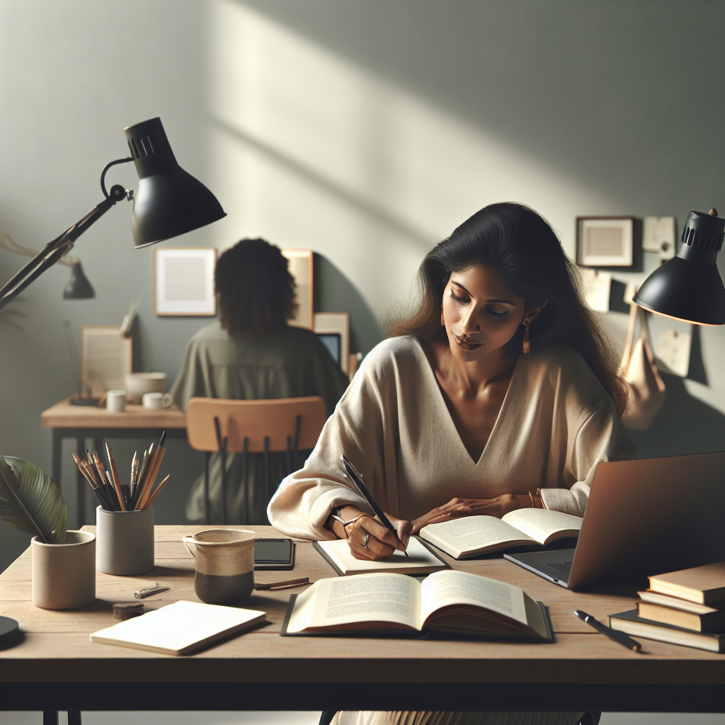 Research for Writing: A writer surrounded by books and notes, illustrating the research process.