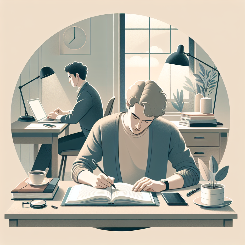 Resume Writing: A detailed image showing a writer's desk full of notes and a laptop.