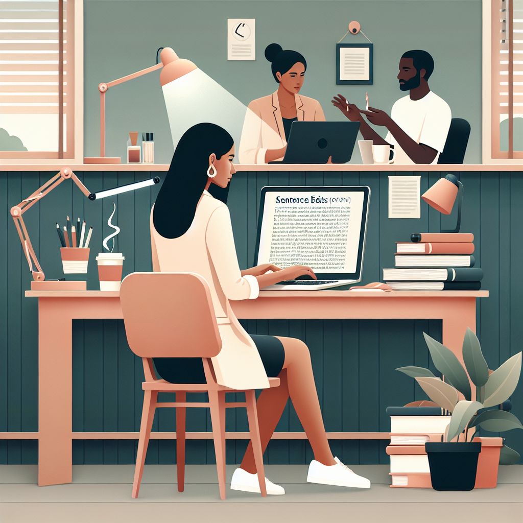 Sentence Edits: Image showing a writer editing sentences on a laptop.