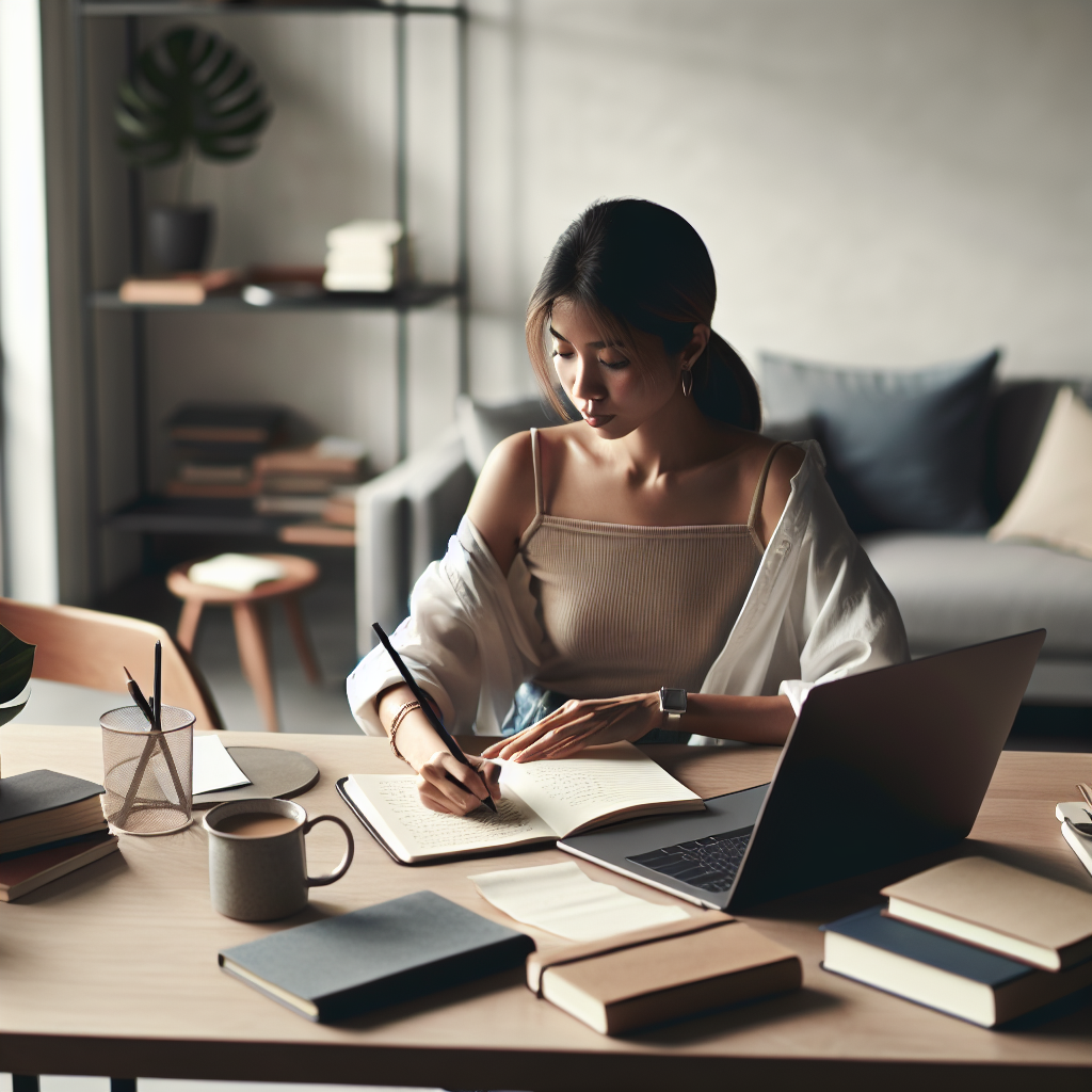 Writing Confidence Boost: Image showing a writer confidently typing on a laptop with notes and coffee.